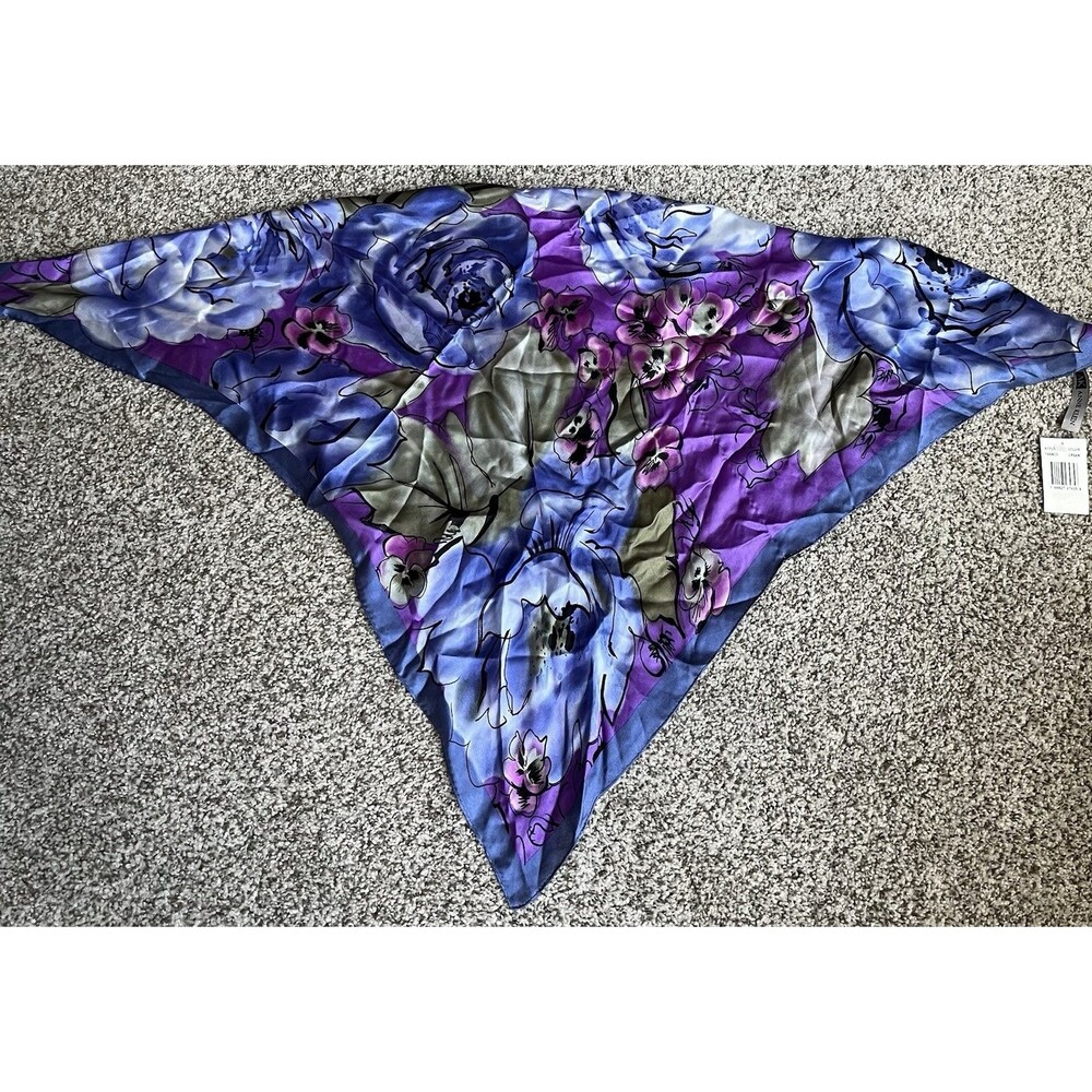Anne Klein Square Silk Scarf Purple Blue Floral 31" Garden Artsy, NWT